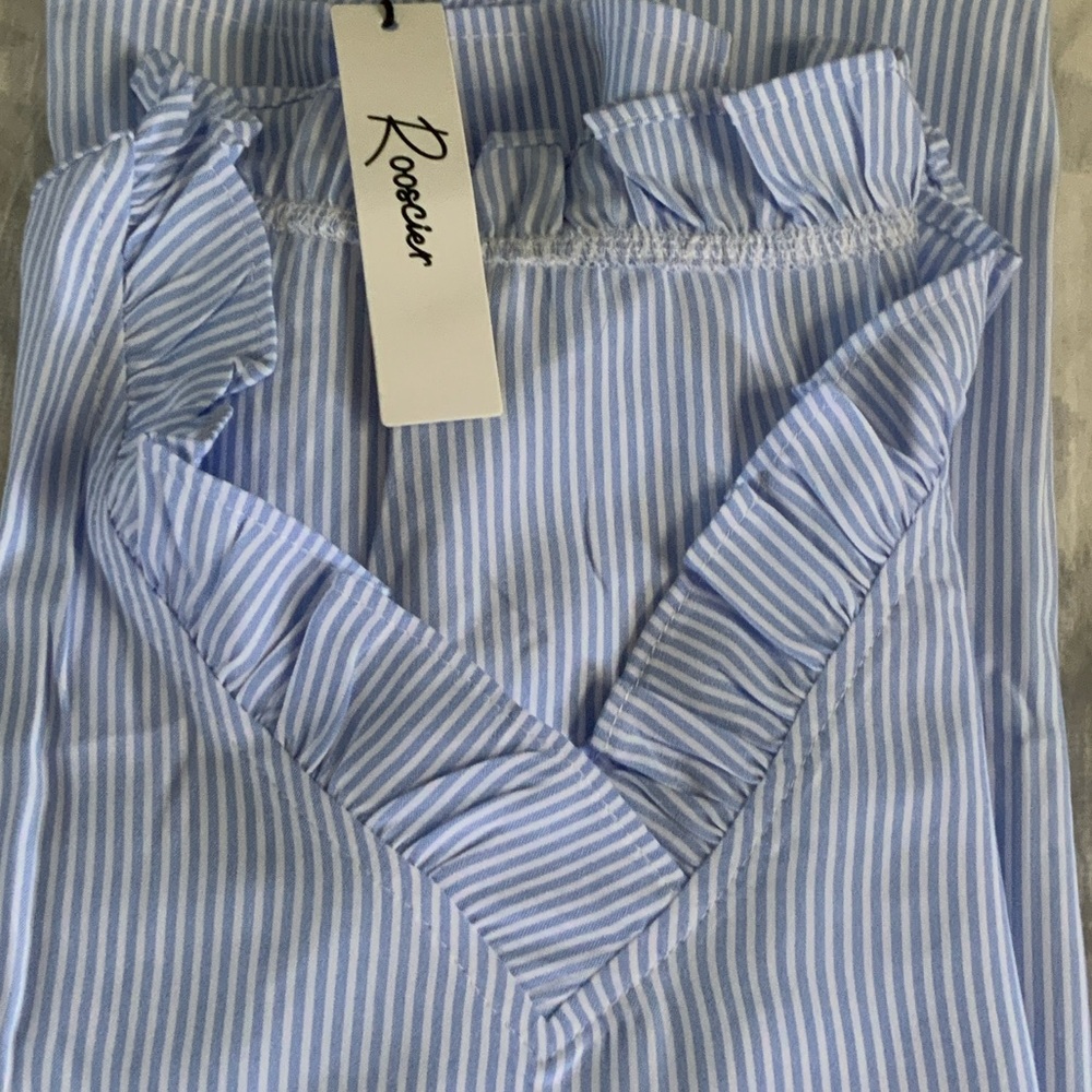 Rooscier Women's Striped Ruffle Cap Sleeve V Neck - Picture 6 of 6